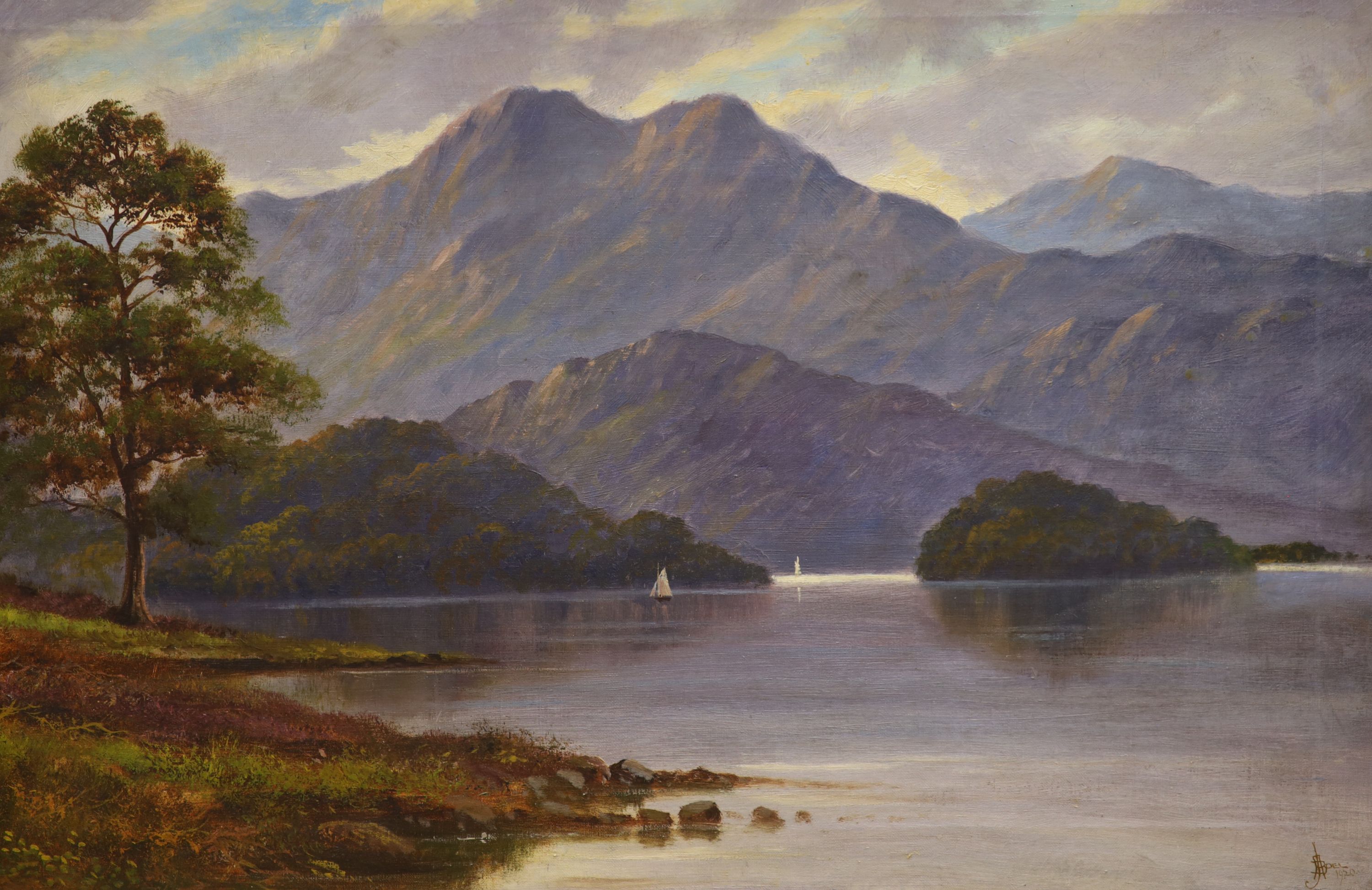 John Henry Boel (1853-1922), oil on canvas, Lake scene with sailing boat, signed and dated 1920, 50 x 75cm